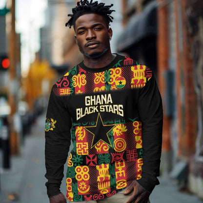 Custom Ghana Black Stars Long Sleeve Shirt Adinkra Pattern - Football Style