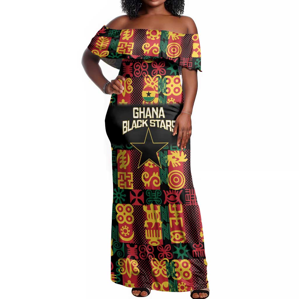 Custom Ghana Black Stars Off Shoulder Maxi Dress Adinkra Pattern - Football Style