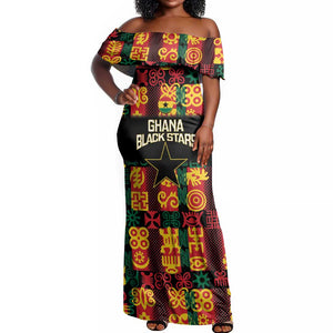 Custom Ghana Black Stars Off Shoulder Maxi Dress Adinkra Pattern - Football Style
