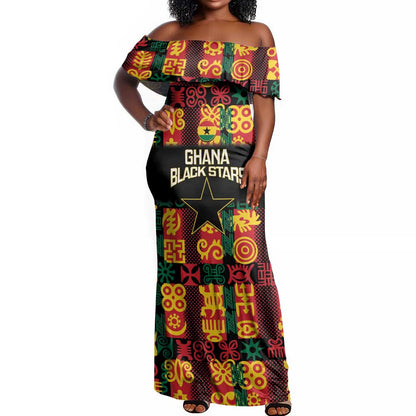 Custom Ghana Black Stars Off Shoulder Maxi Dress Adinkra Pattern - Football Style