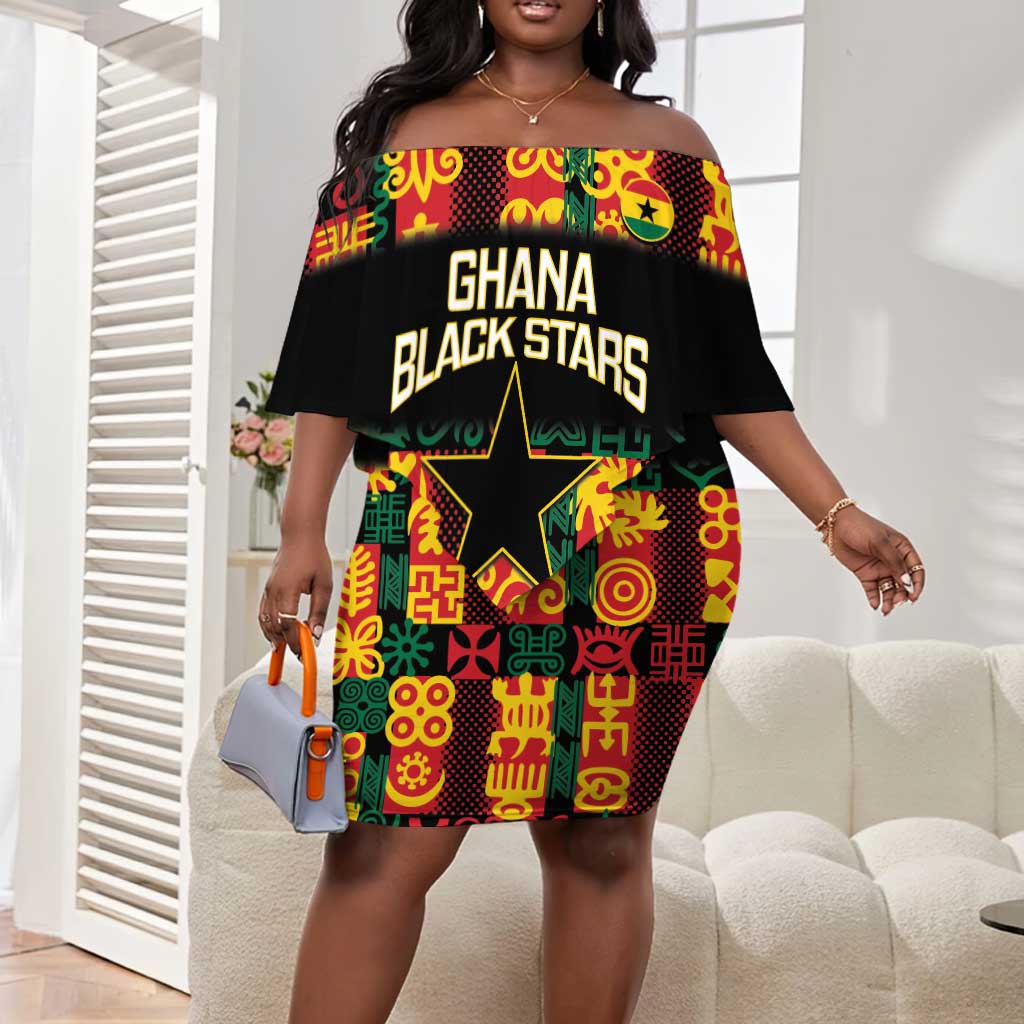 Custom Ghana Black Stars Off Shoulder Short Dress Adinkra Pattern - Football Style