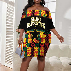 Custom Ghana Black Stars Off Shoulder Short Dress Adinkra Pattern - Football Style