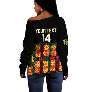 Custom Ghana Black Stars Off Shoulder Sweater Adinkra Pattern - Football Style