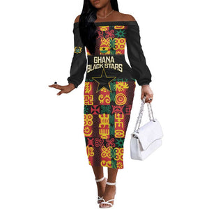Custom Ghana Black Stars Off The Shoulder Long Sleeve Dress Adinkra Pattern - Football Style