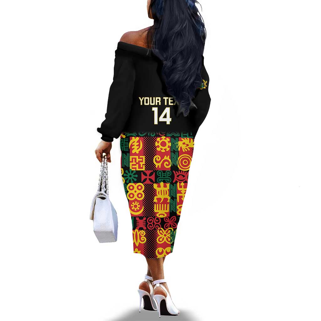 Custom Ghana Black Stars Off The Shoulder Long Sleeve Dress Adinkra Pattern - Football Style