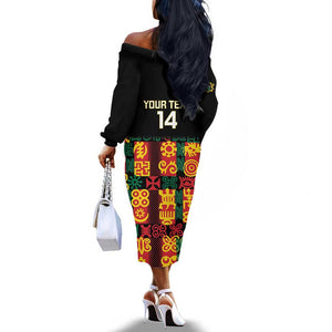 Custom Ghana Black Stars Off The Shoulder Long Sleeve Dress Adinkra Pattern - Football Style
