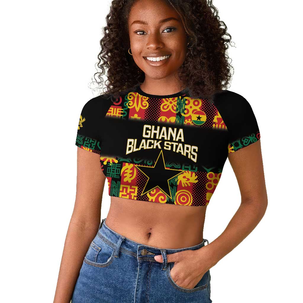 Custom Ghana Black Stars Raglan Cropped T shirt Adinkra Pattern - Football Style