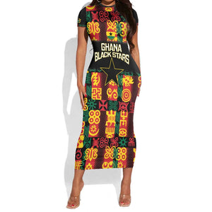 Custom Ghana Black Stars Short Sleeve Bodycon Dress Adinkra Pattern - Football Style LT14