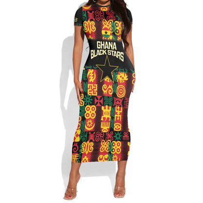 Custom Ghana Black Stars Short Sleeve Bodycon Dress Adinkra Pattern - Football Style LT14