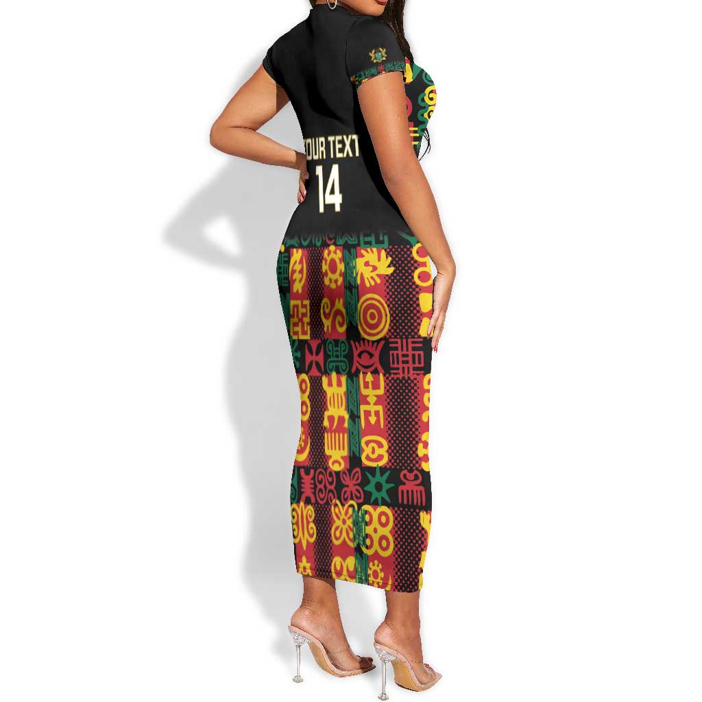 Custom Ghana Black Stars Short Sleeve Bodycon Dress Adinkra Pattern - Football Style LT14