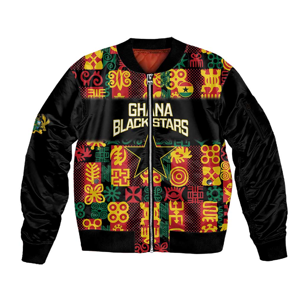 Custom Ghana Black Stars Sleeve Zip Bomber Jacket Adinkra Pattern - Football Style