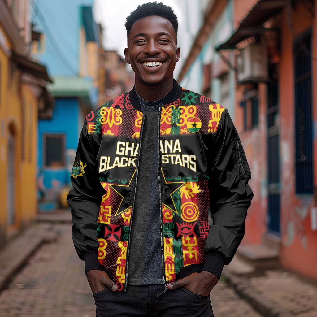 Custom Ghana Black Stars Sleeve Zip Bomber Jacket Adinkra Pattern - Football Style
