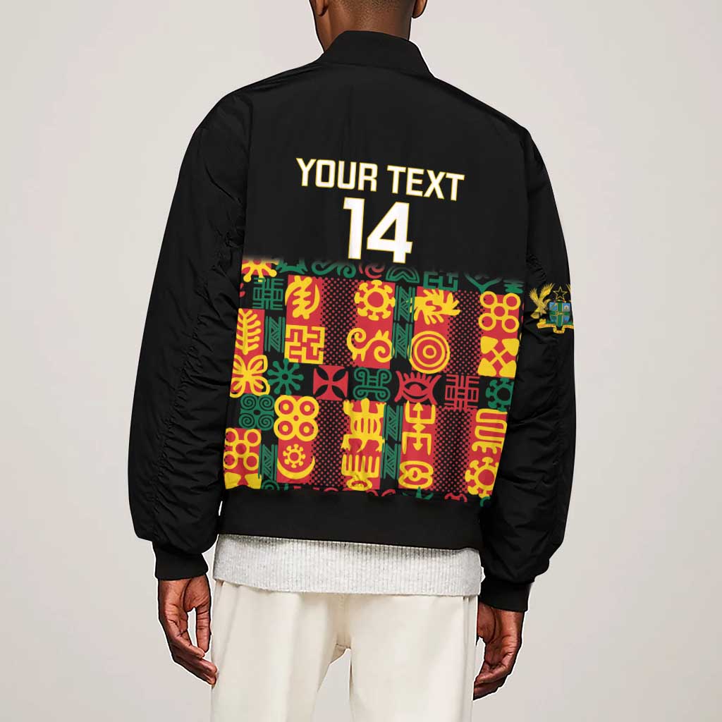 Custom Ghana Black Stars Sleeve Zip Bomber Jacket Adinkra Pattern - Football Style
