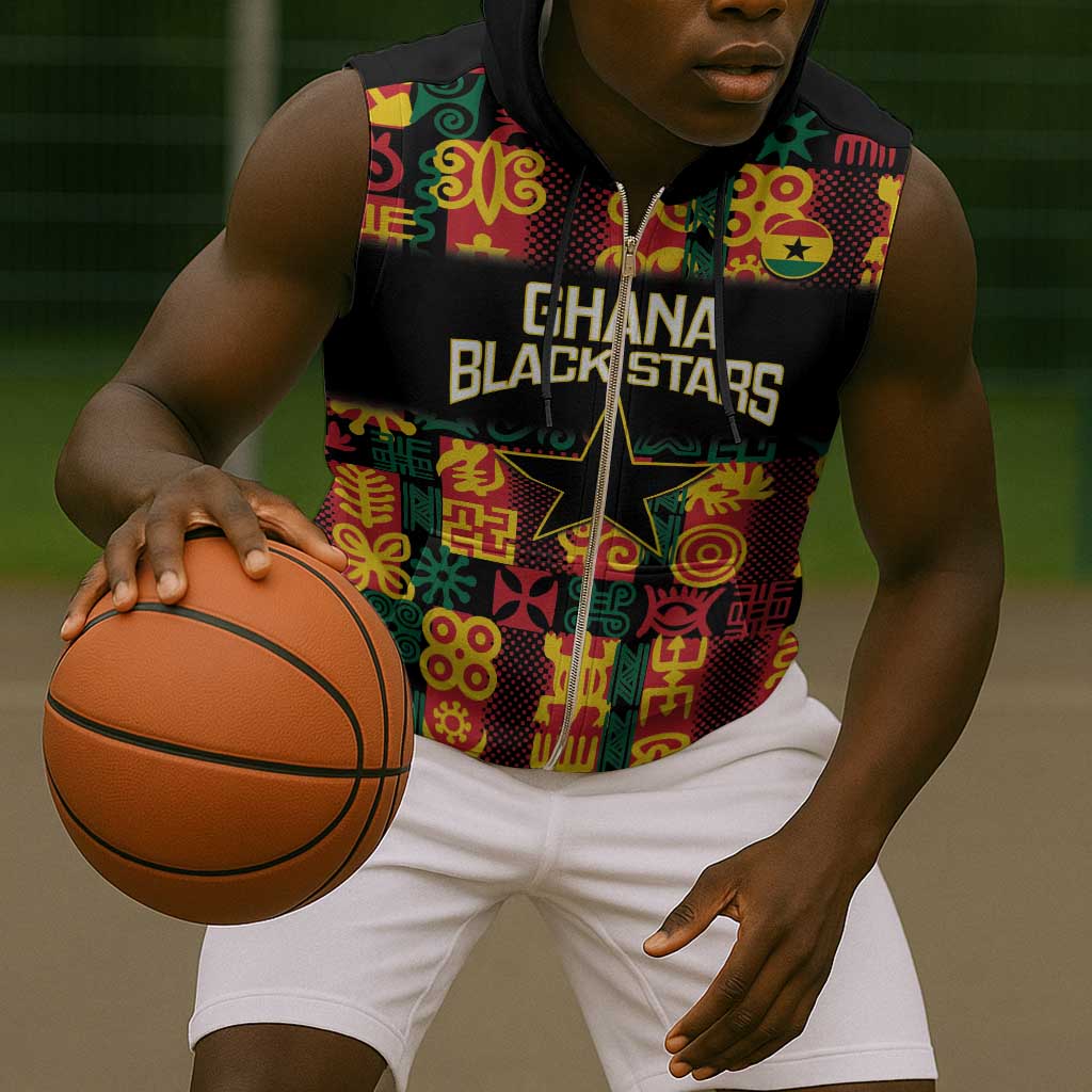 Custom Ghana Black Stars Sleeveless Zip Hoodie Adinkra Pattern - Football Style - African Pride