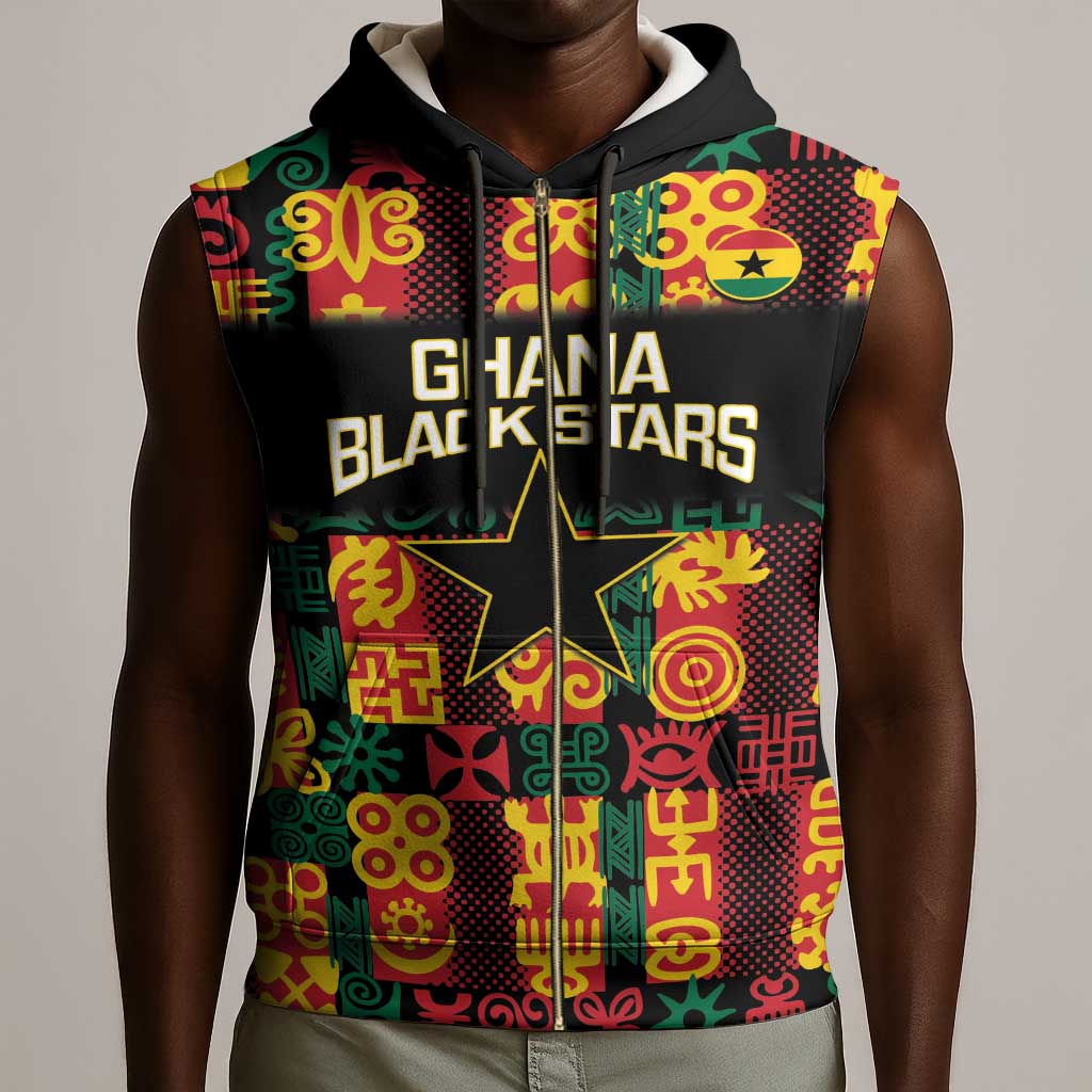 Custom Ghana Black Stars Sleeveless Zip Hoodie Adinkra Pattern - Football Style - African Pride