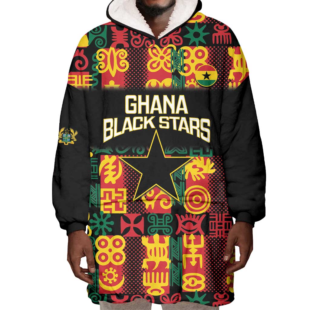 Custom Ghana Black Stars Wearable Blanket Hoodie Adinkra Pattern - Football Style