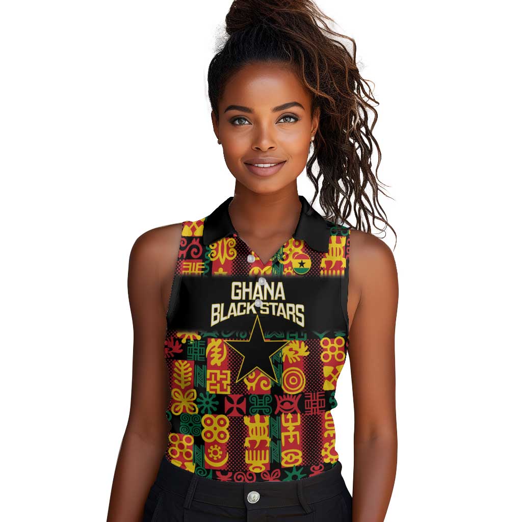 Custom Ghana Black Stars Women Sleeveless Polo Shirt Adinkra Pattern - Football Style