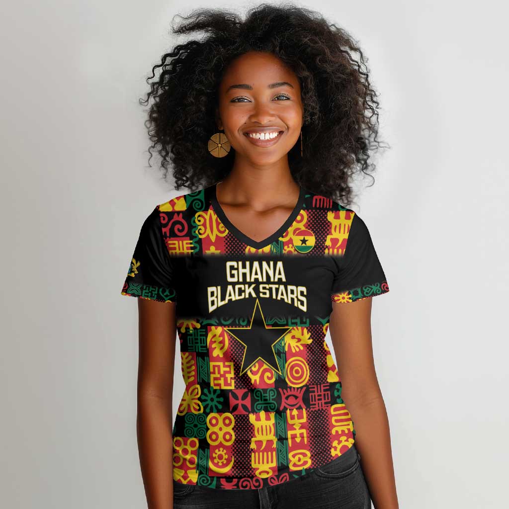 Custom Ghana Black Stars Women V-Neck T-Shirt Adinkra Pattern - Football Style