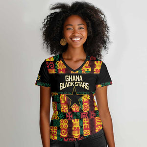 Custom Ghana Black Stars Women V-Neck T-Shirt Adinkra Pattern - Football Style
