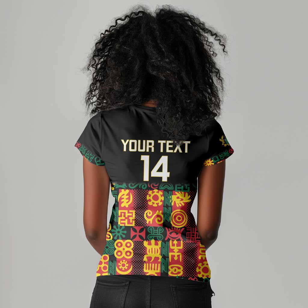 Custom Ghana Black Stars Women V-Neck T-Shirt Adinkra Pattern - Football Style