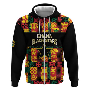 Custom Ghana Black Stars Zip Hoodie Adinkra Pattern - Football Style