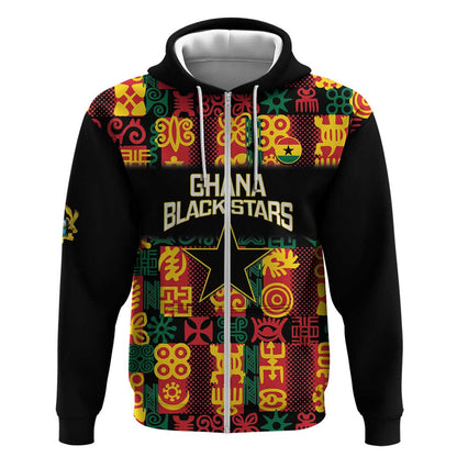 Custom Ghana Black Stars Zip Hoodie Adinkra Pattern - Football Style