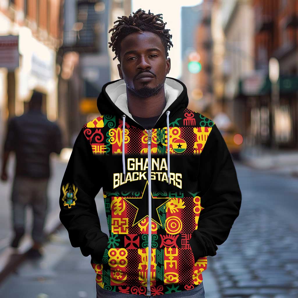 Custom Ghana Black Stars Zip Hoodie Adinkra Pattern - Football Style