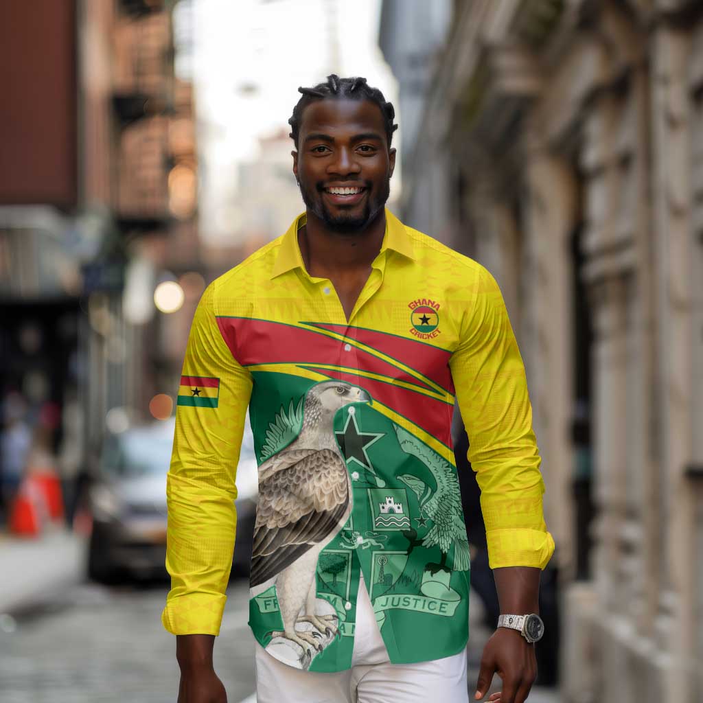 Custom Ghana Black Batters Long Sleeve Button Shirt Ghanaian Tawny Eagle - Cricket Style
