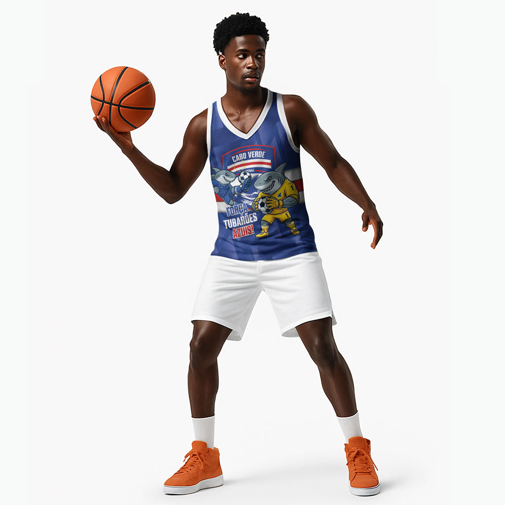 Cabo Verde Football 2026 Custom Basketball Jersey Forca Tubaroes Azuis