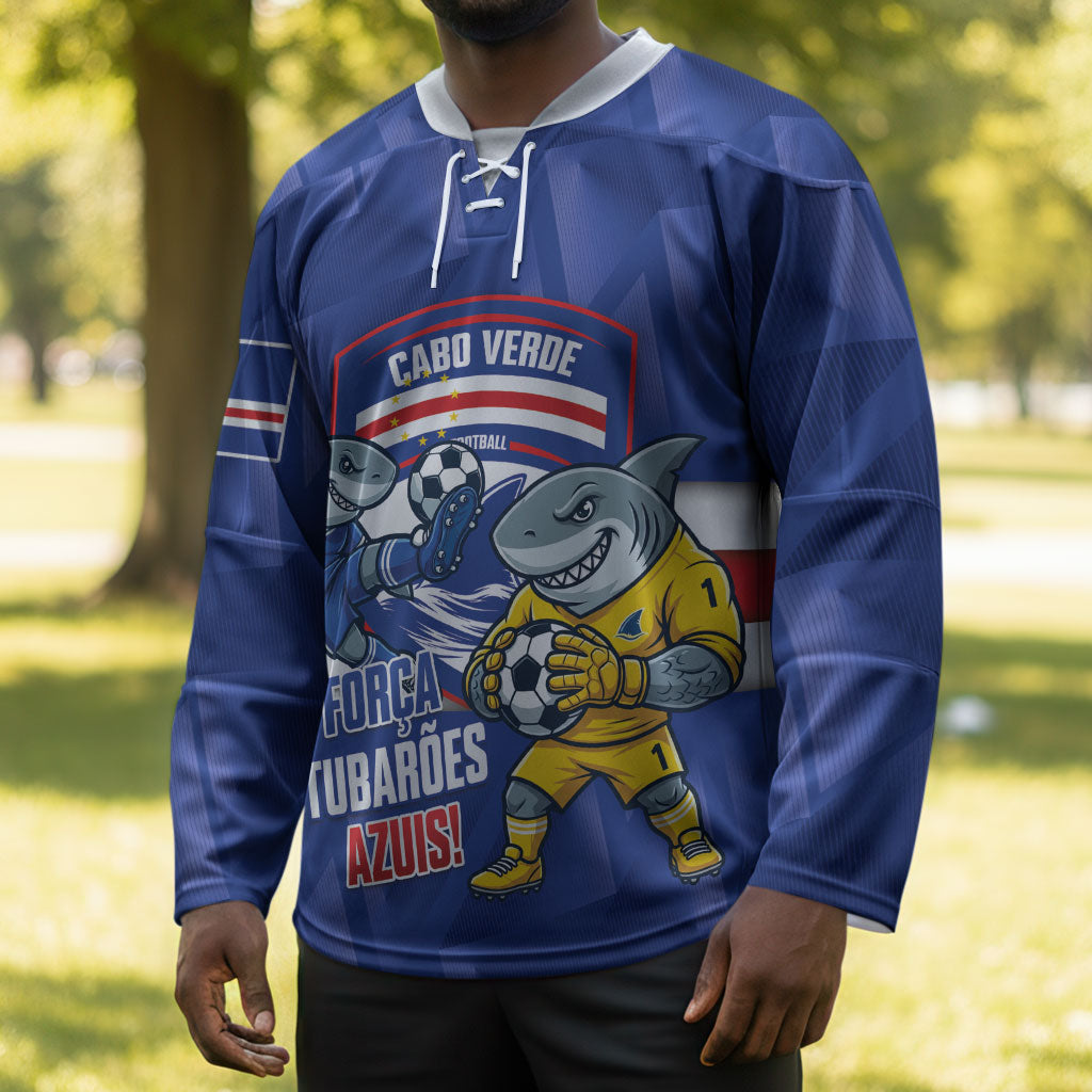 Cabo Verde Football 2026 Custom Hockey Jersey Forca Tubaroes Azuis