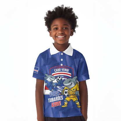 Cabo Verde Football 2026 Custom Kid Polo Shirt Forca Tubaroes Azuis