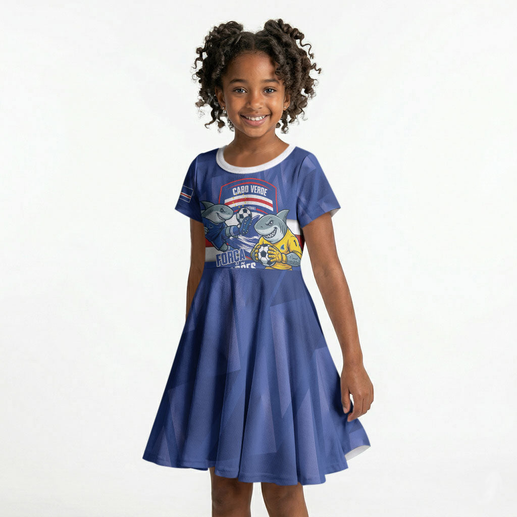 Cabo Verde Football 2026 Custom Kid Short Sleeve Dress Forca Tubaroes Azuis