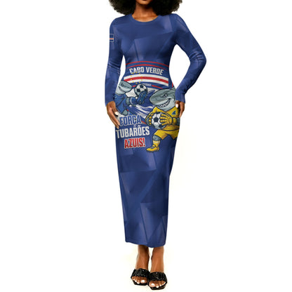Cabo Verde Football 2026 Custom Long Sleeve Bodycon Dress Forca Tubaroes Azuis