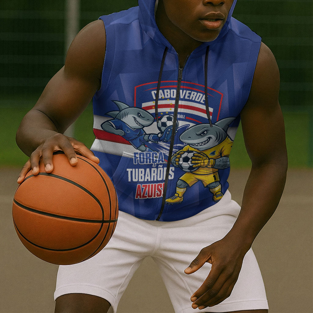 Cabo Verde Football 2026 Custom Sleeveless Zip Hoodie Forca Tubaroes Azuis