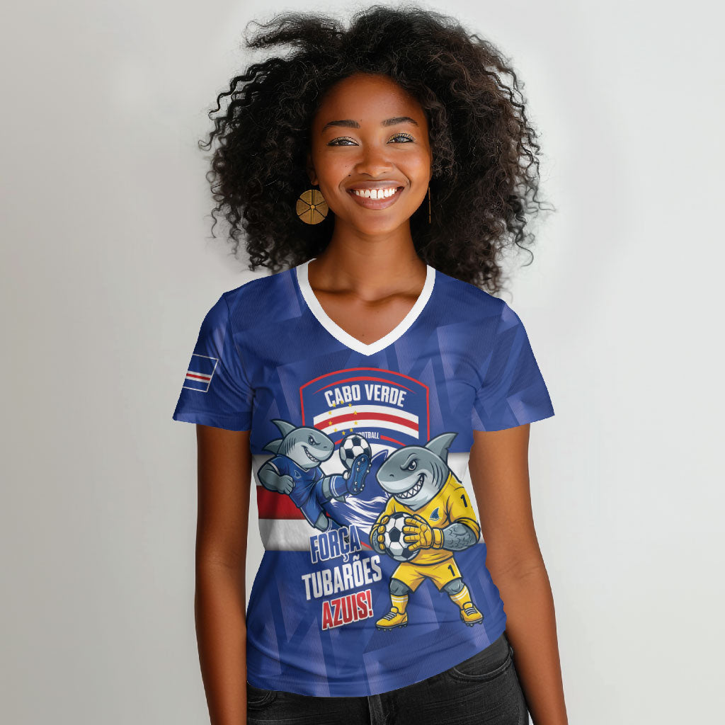 Cabo Verde Football 2026 Custom Women V-Neck T-Shirt Forca Tubaroes Azuis