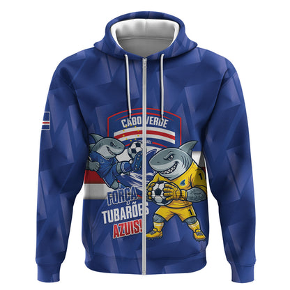 Cabo Verde Football 2026 Custom Zip Hoodie Forca Tubaroes Azuis