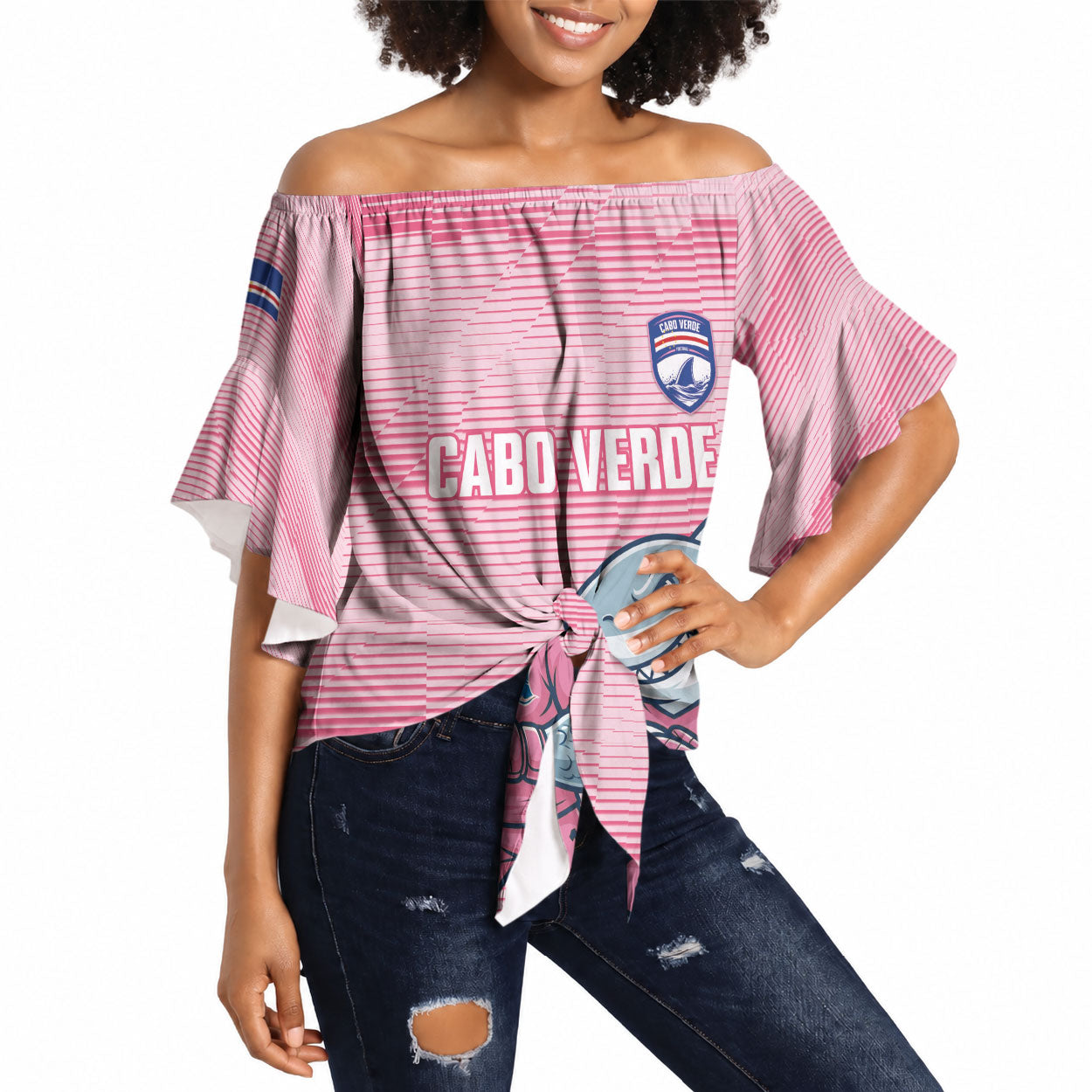 Cabo Verde Football 2026 Custom Off Shoulder Wrap Waist Top Tubaroes Azuis Goalkeeper Pink Jersey