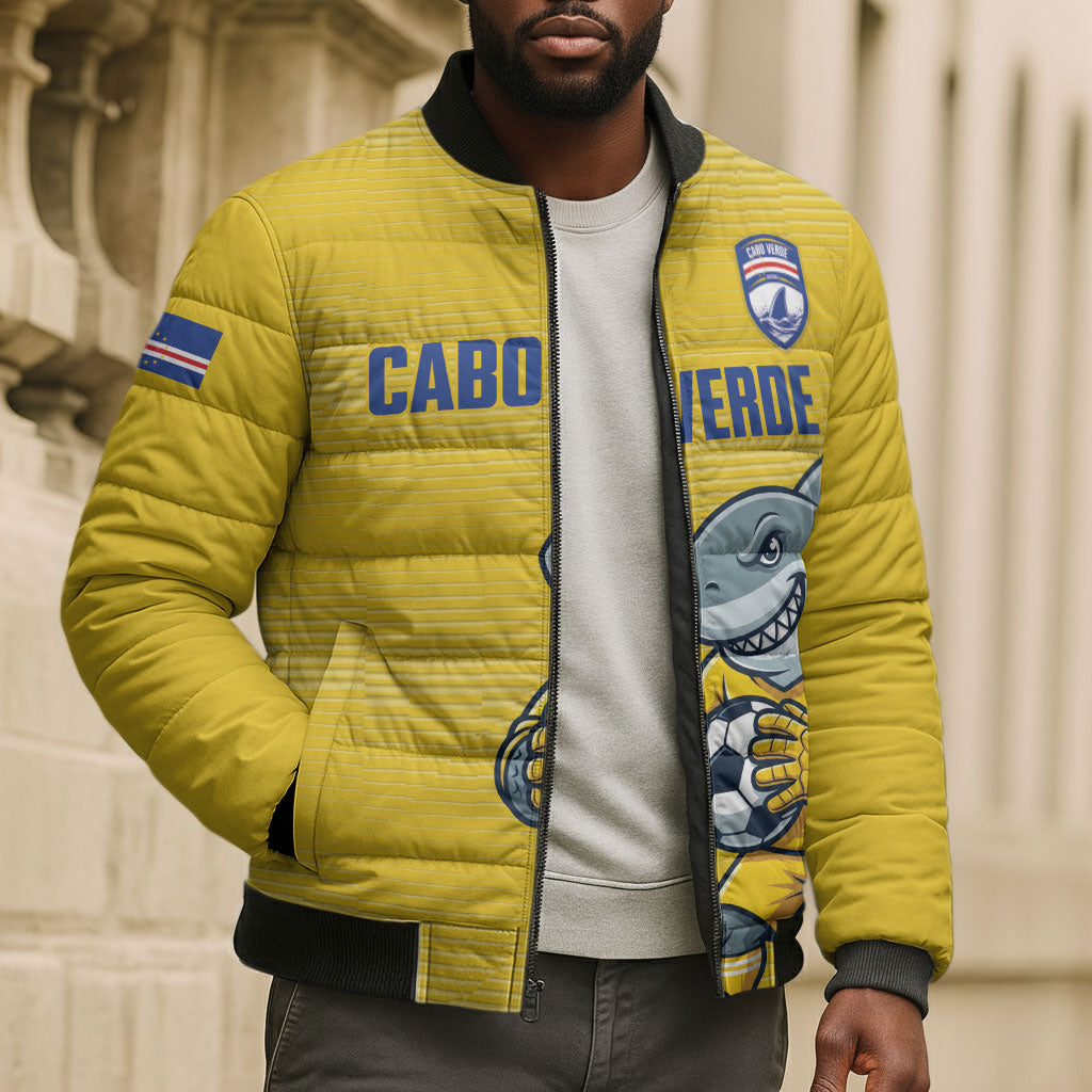 Cabo Verde Football 2026 Custom Bomber Puffer Jacket Tubaroes Azuis Goalkeeper Yellow Jersey