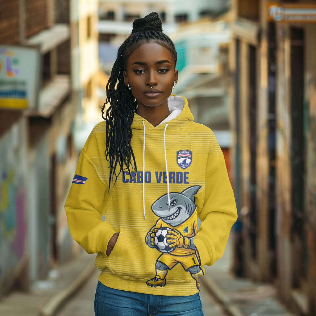 Cabo Verde Football 2026 Custom Hoodie Tubaroes Azuis Goalkeeper Yellow Jersey