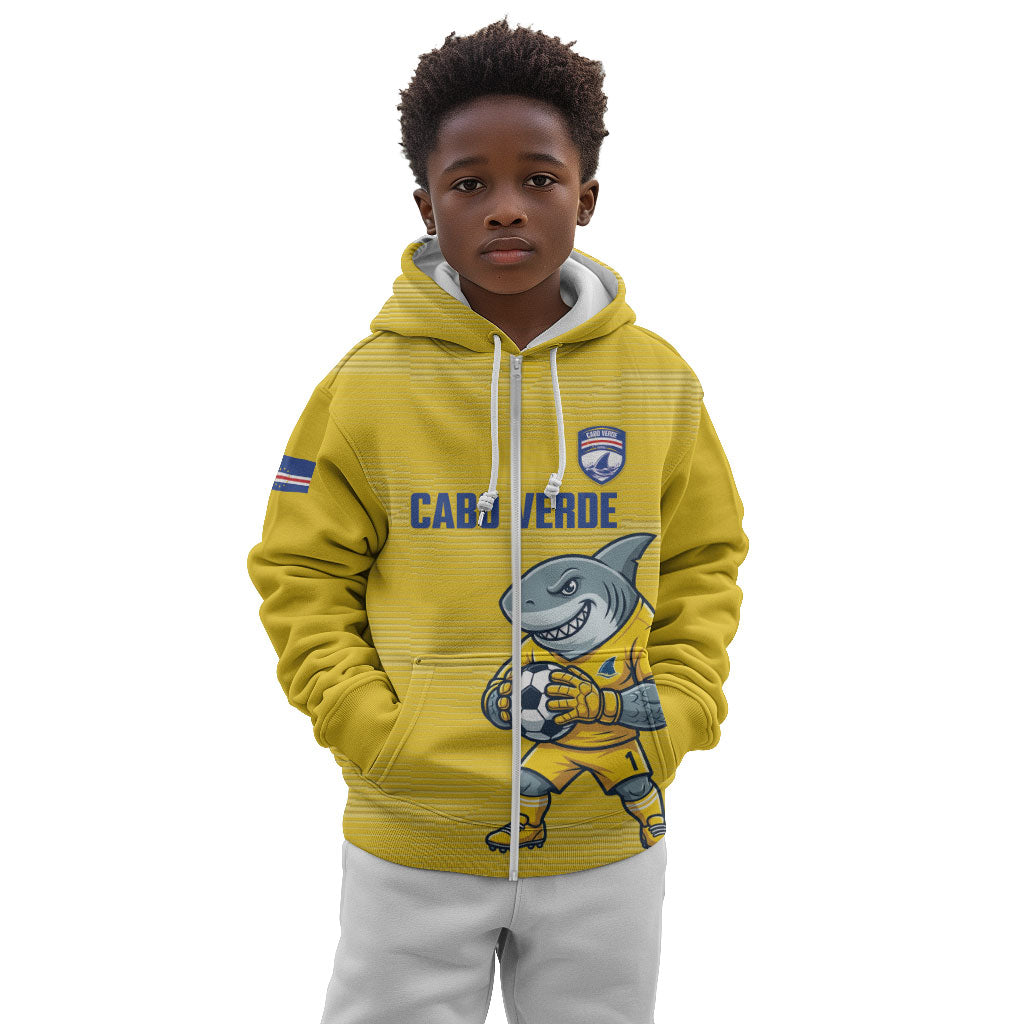 Cabo Verde Football 2026 Custom Kid Hoodie Tubaroes Azuis Goalkeeper Yellow Jersey