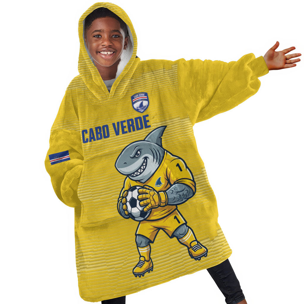 Cabo Verde Football 2026 Custom Kid Wearable Blanket Hoodie Tubaroes Azuis Goalkeeper Yellow Jersey