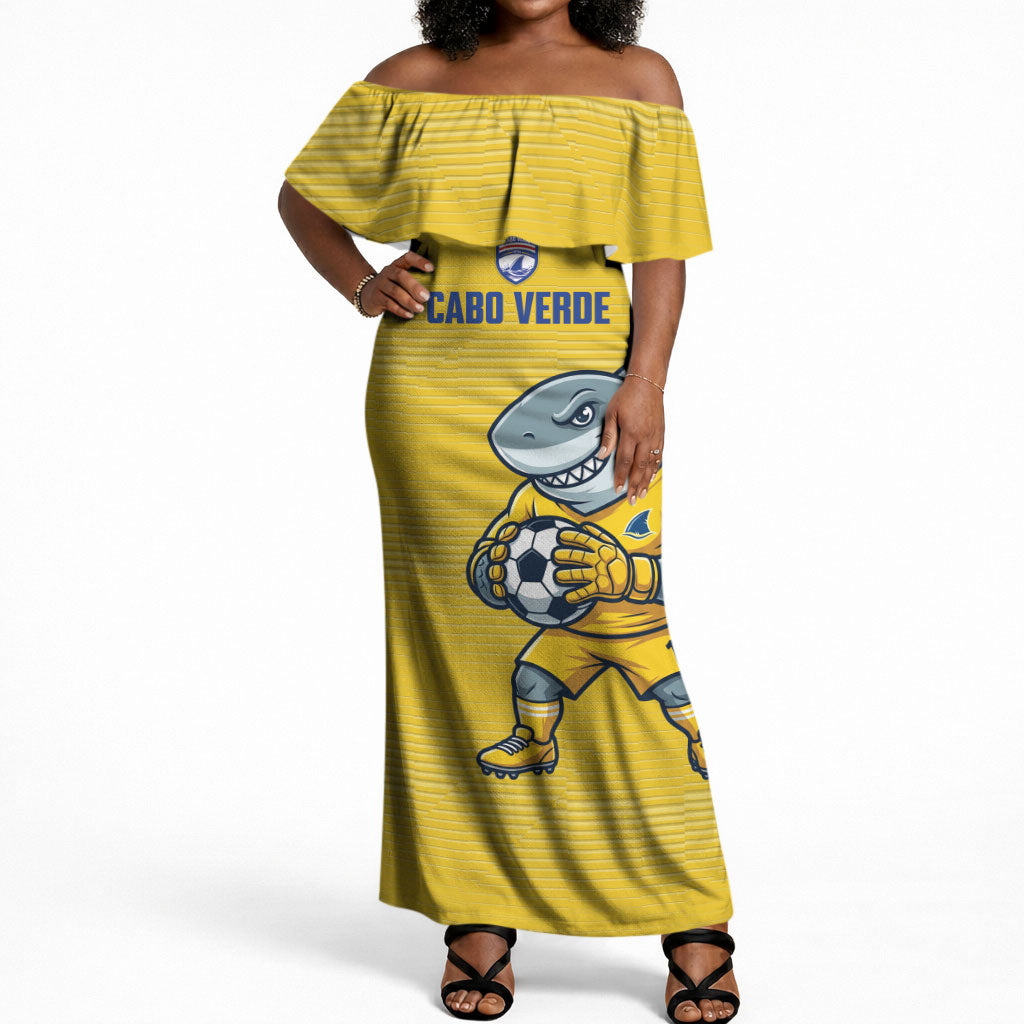 Cabo Verde Football 2026 Custom Off Shoulder Maxi Dress Tubaroes Azuis Goalkeeper Yellow Jersey