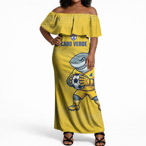 Cabo Verde Football 2026 Custom Off Shoulder Maxi Dress Tubaroes Azuis Goalkeeper Yellow Jersey