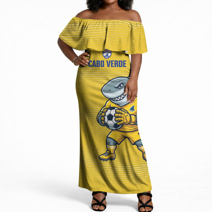 Cabo Verde Football 2026 Custom Off Shoulder Maxi Dress Tubaroes Azuis Goalkeeper Yellow Jersey