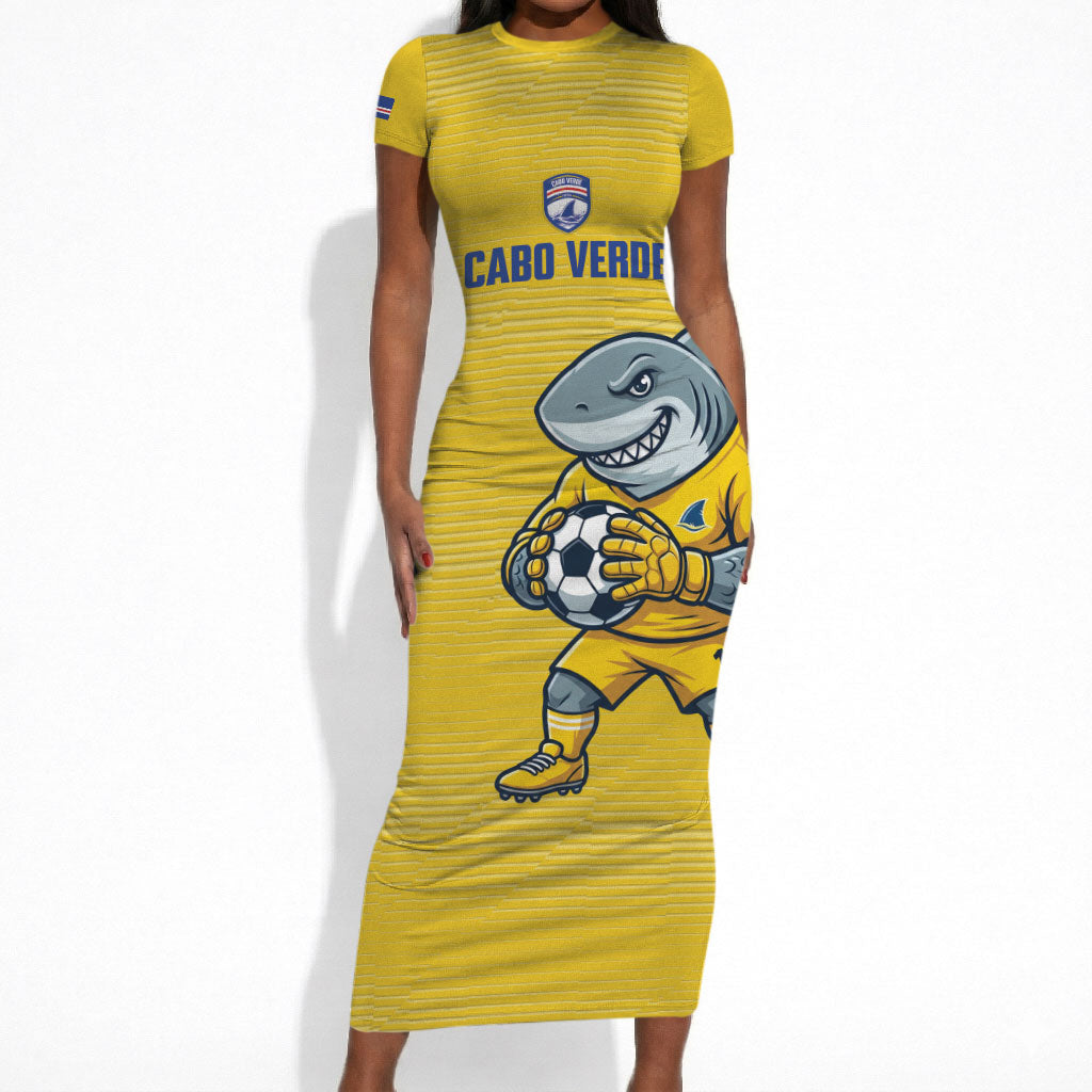 Cabo Verde Football 2026 Custom Short Sleeve Bodycon Dress Tubaroes Azuis Goalkeeper Yellow Jersey