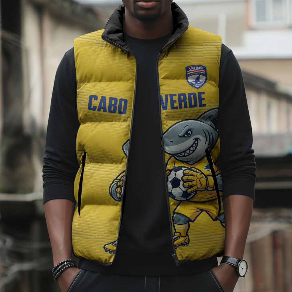 Cabo Verde Football 2026 Custom Sleeveless Puffer Jacket Tubaroes Azuis Goalkeeper Yellow Jersey