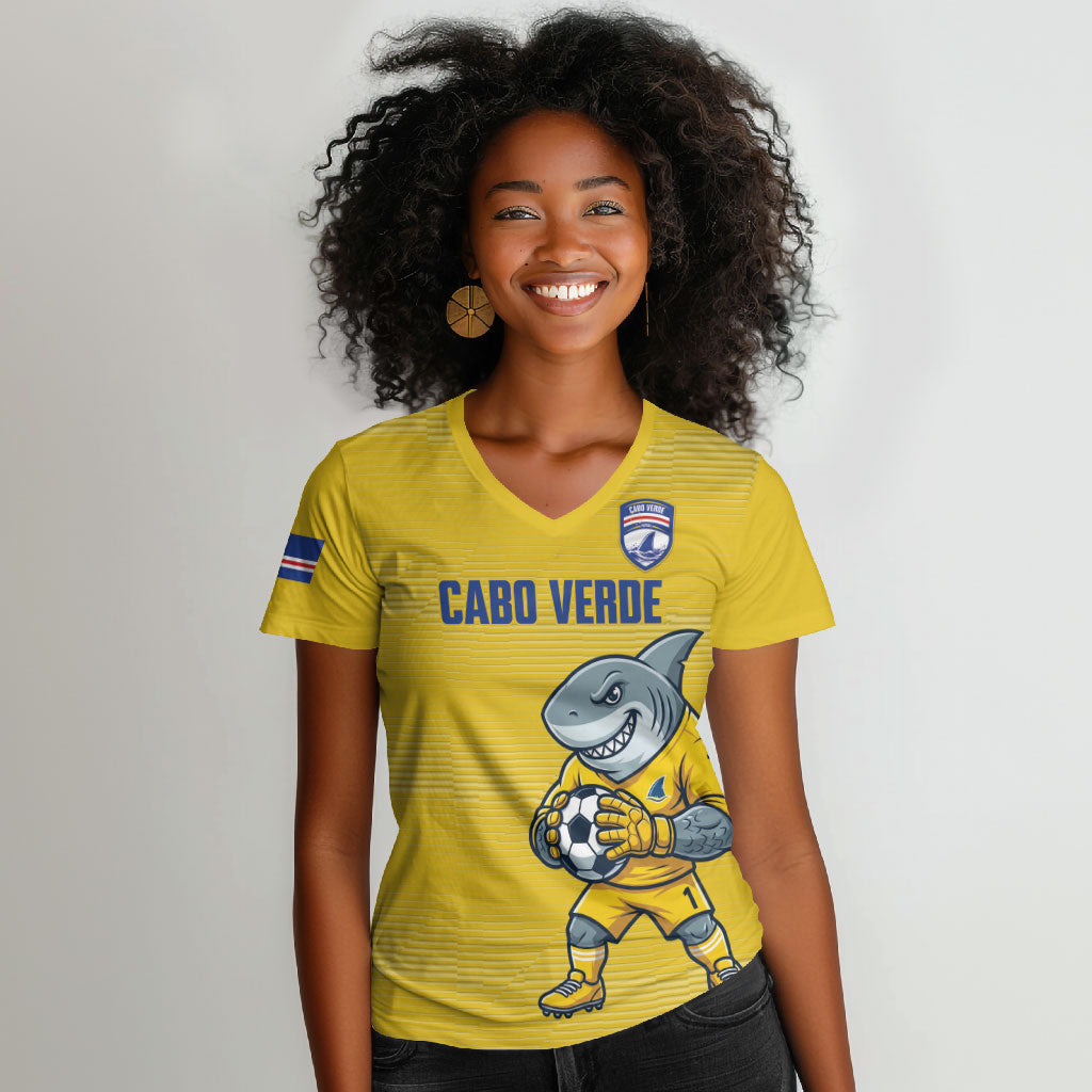 Cabo Verde Football 2026 Custom Women V-Neck T-Shirt Tubaroes Azuis Goalkeeper Yellow Jersey