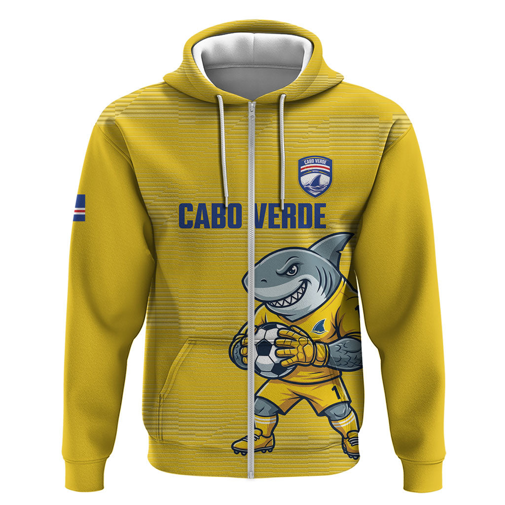 Cabo Verde Football 2026 Custom Zip Hoodie Tubaroes Azuis Goalkeeper Yellow Jersey