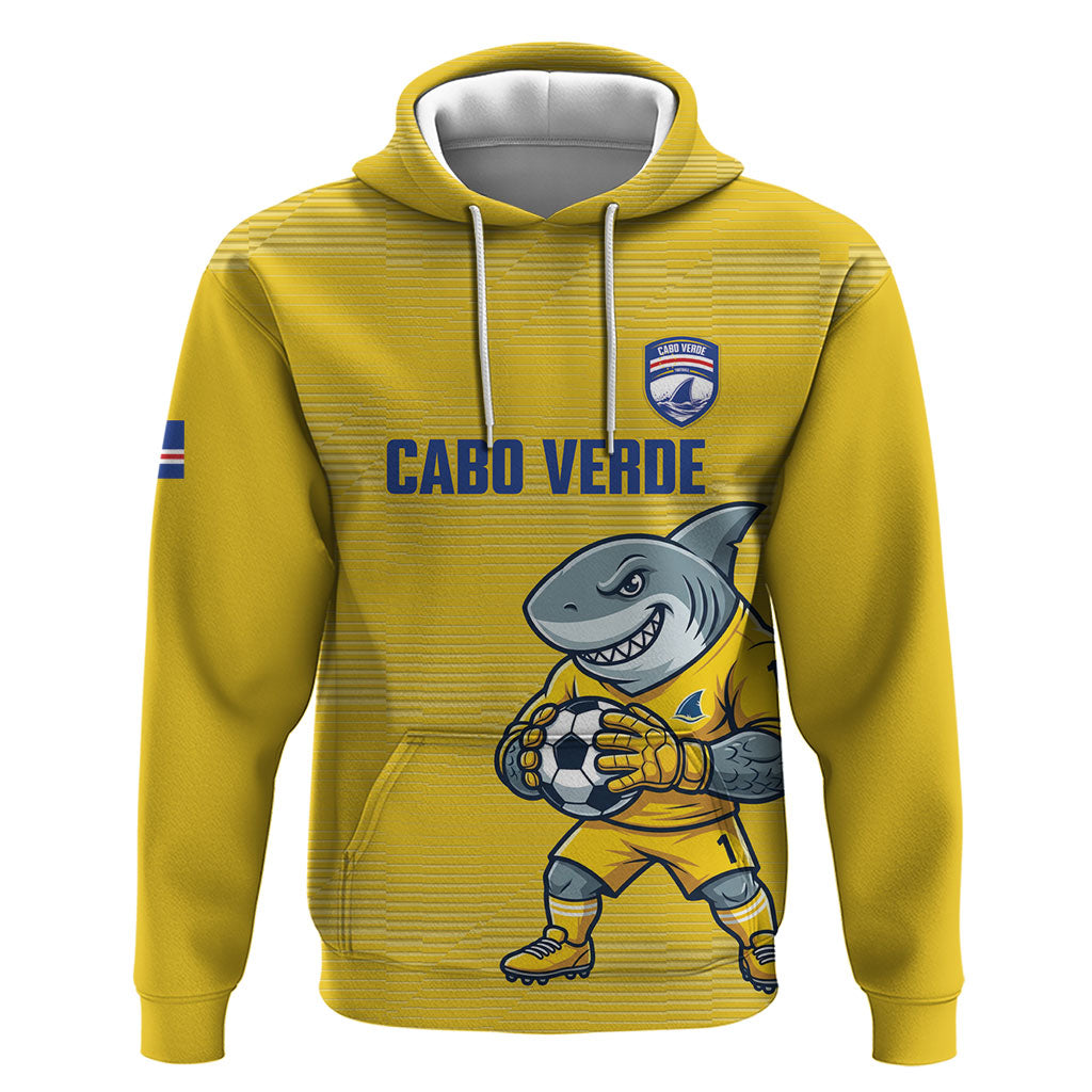 Cabo Verde Football 2026 Custom Zip Hoodie Tubaroes Azuis Goalkeeper Yellow Jersey