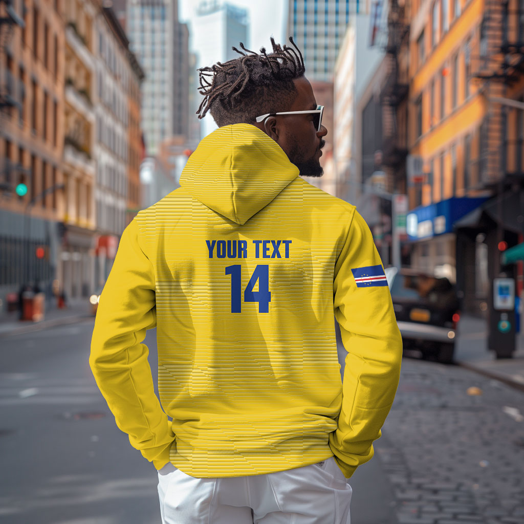 Cabo Verde Football 2026 Custom Zip Hoodie Tubaroes Azuis Goalkeeper Yellow Jersey